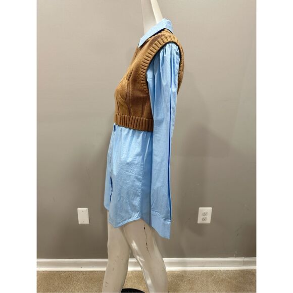 NWT Staud Cooper Knit Vest and Poplin Long-Sleeve Combo Shirt Camel $375 - Picture 7 of 12